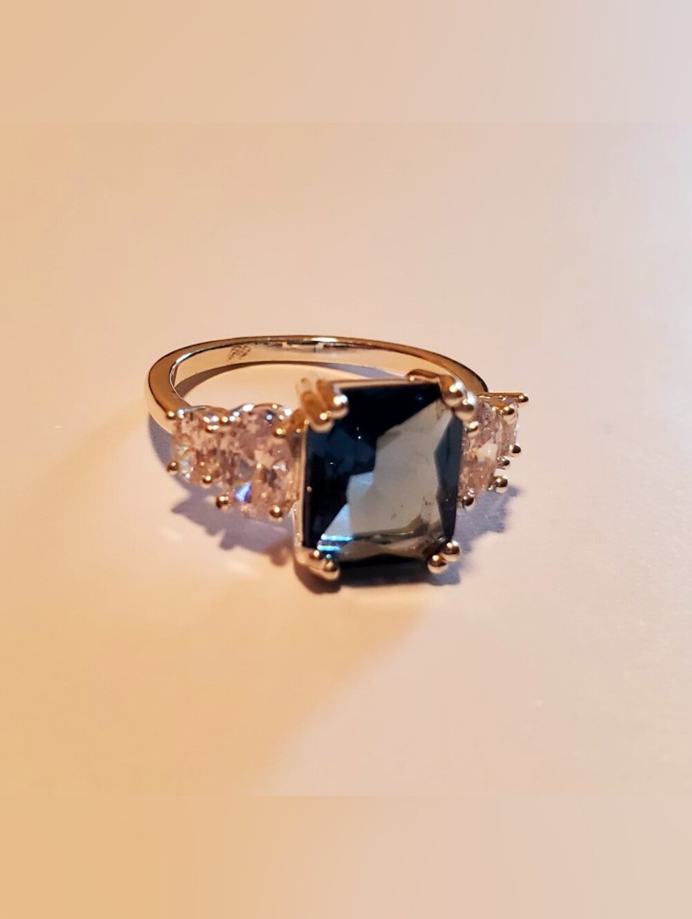 Sterling Silver Blue Sapphire-Cut Center Ring with Clear Pave Side Stones